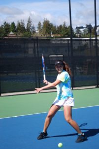 Freshman Ariana Mokhtari practices for the NCAA doubles championship this coming weekend. Photo by Devika Agarwal.