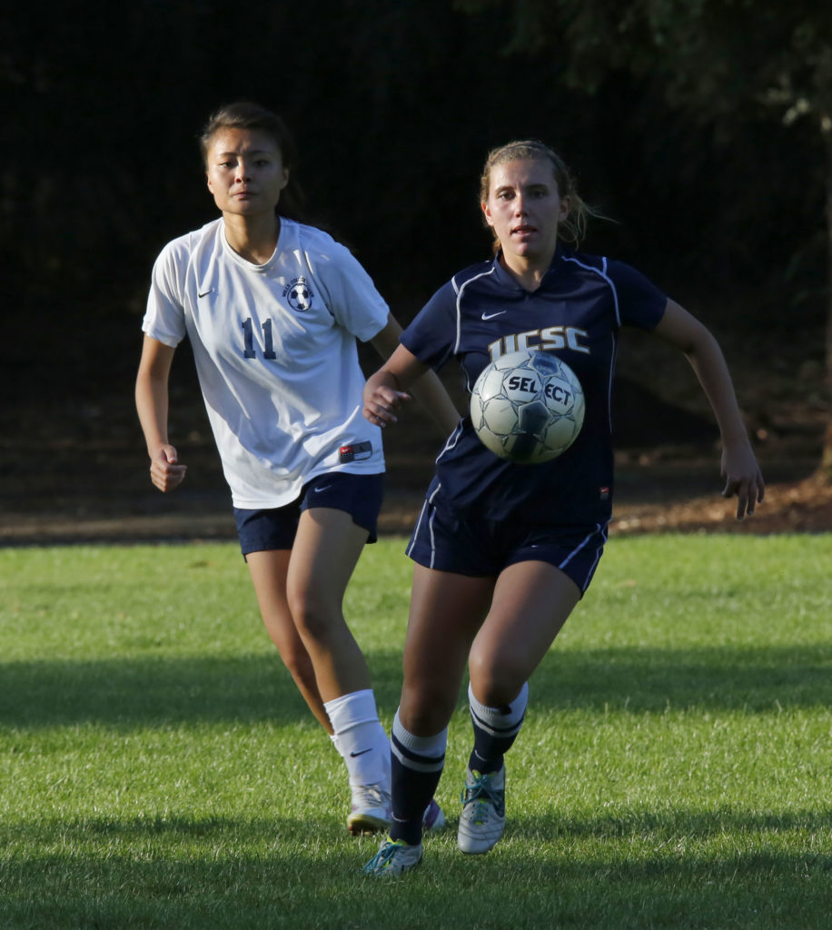Sophomore Taylor Keenan goes for the goal in UCSC’s game versus Mills College on Sept. 26. Keenan scored one goal in UCSC’s 6-0 victory. Courtesy of Conrad Rowling.